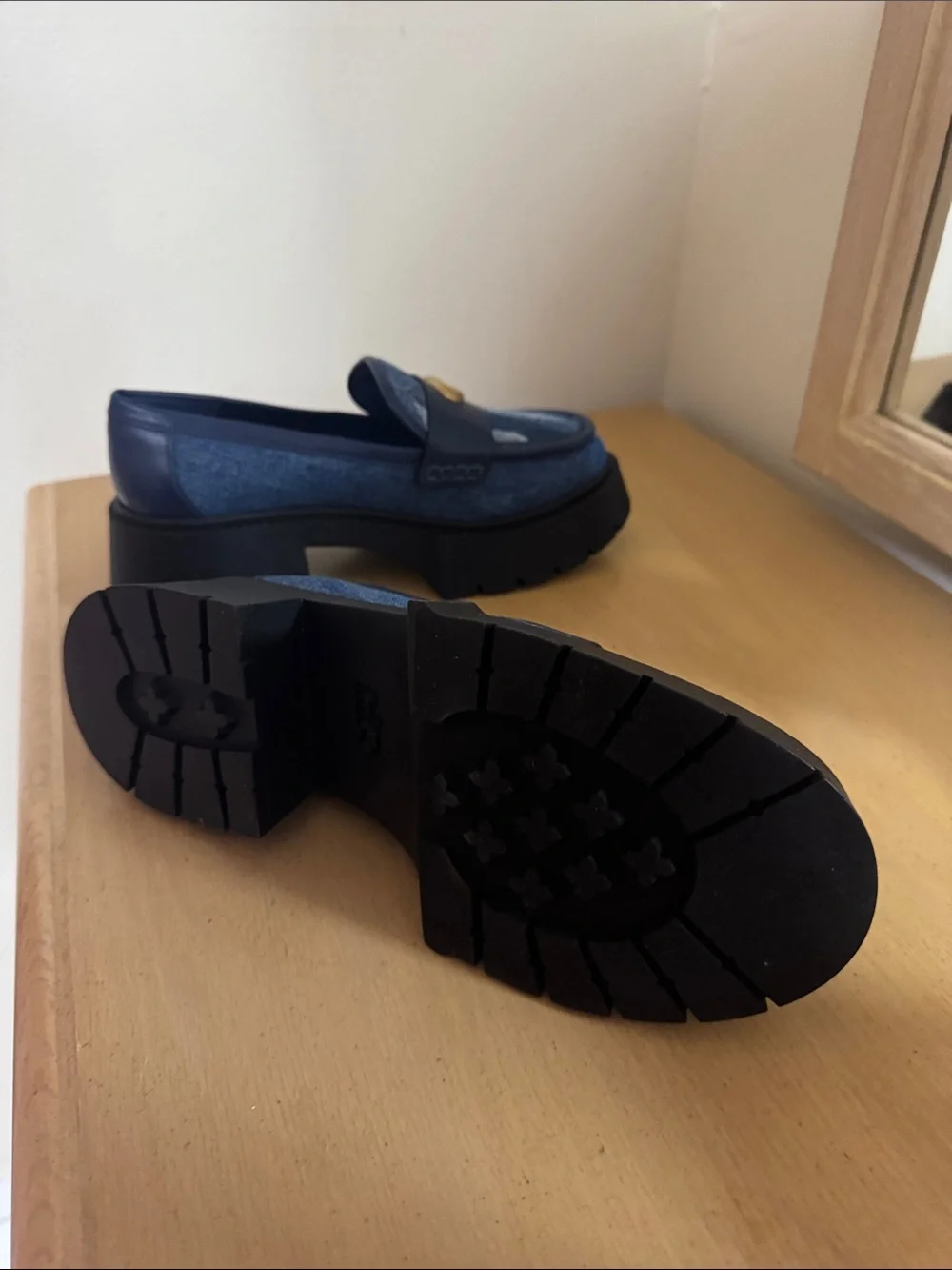 NEW Coach Women's Navy Blue Denim Platform Loafers with Gold 'C' Hardware